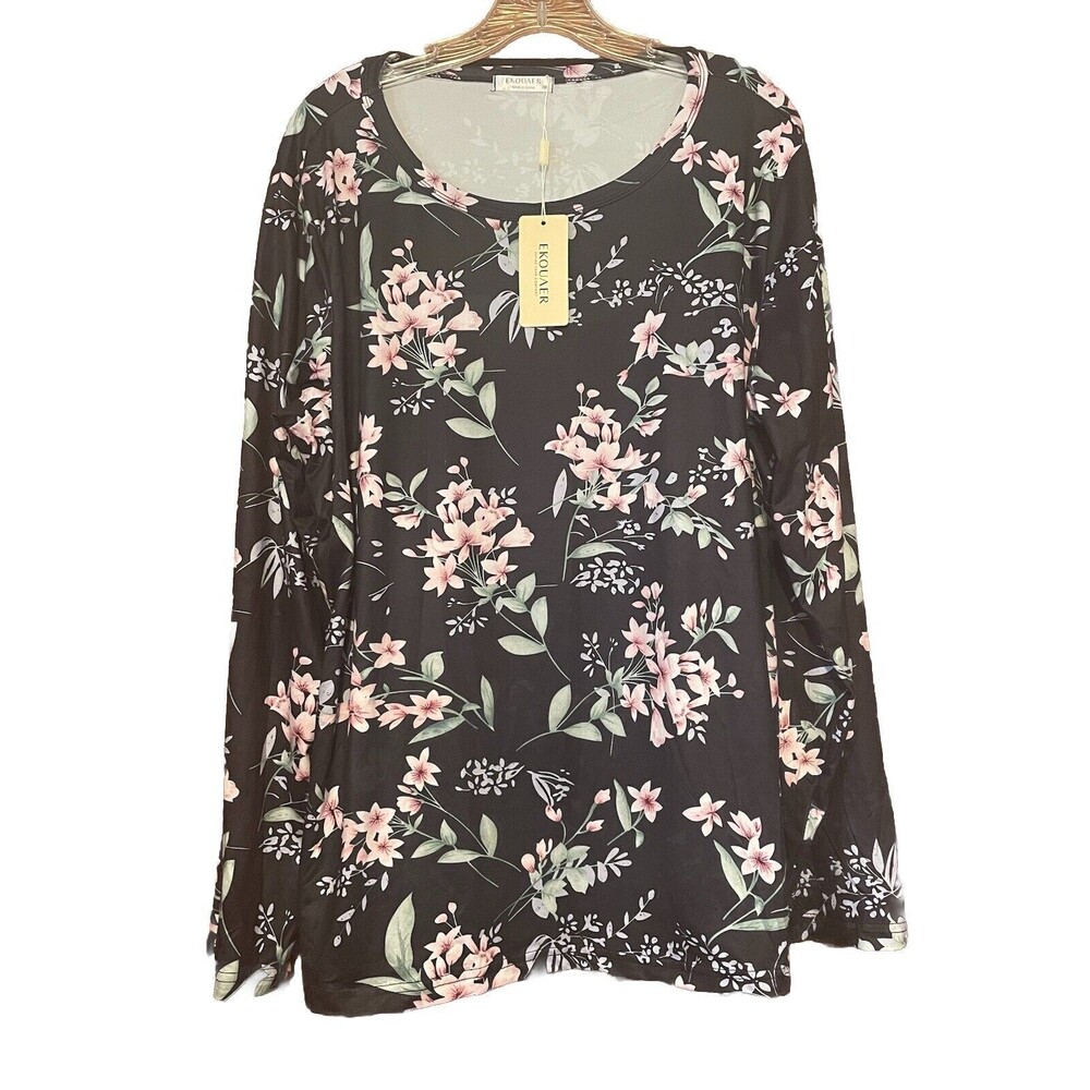Ekouaer Womens Floral Black Long Sleeve Top Shirt Blouse 2XL NWT